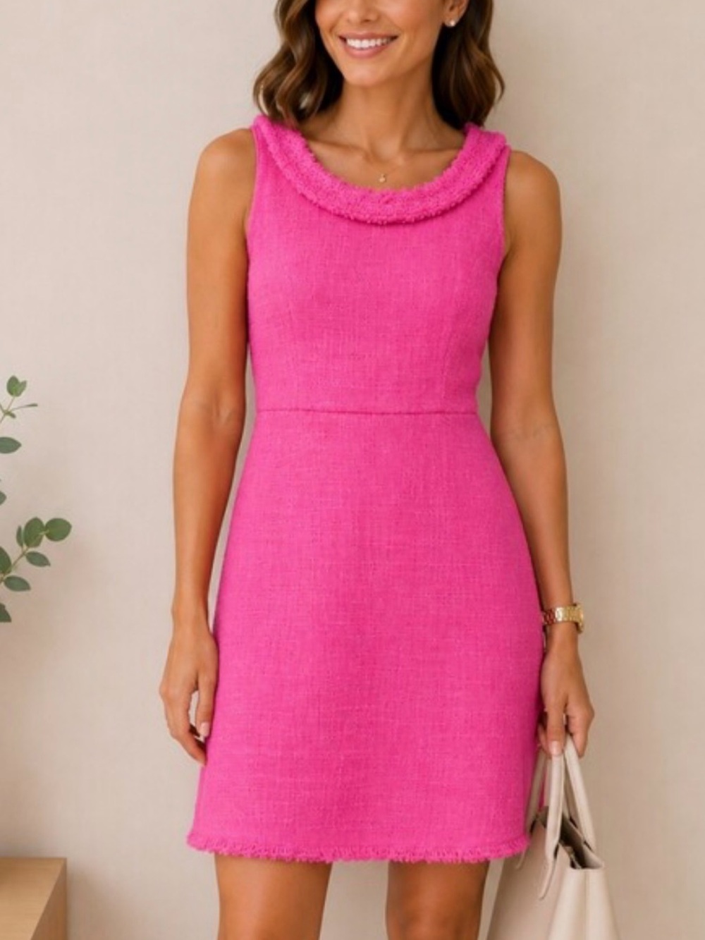 J. Crew Hot Pink Sleeveless Tweed Sheath Dress Sz 0
